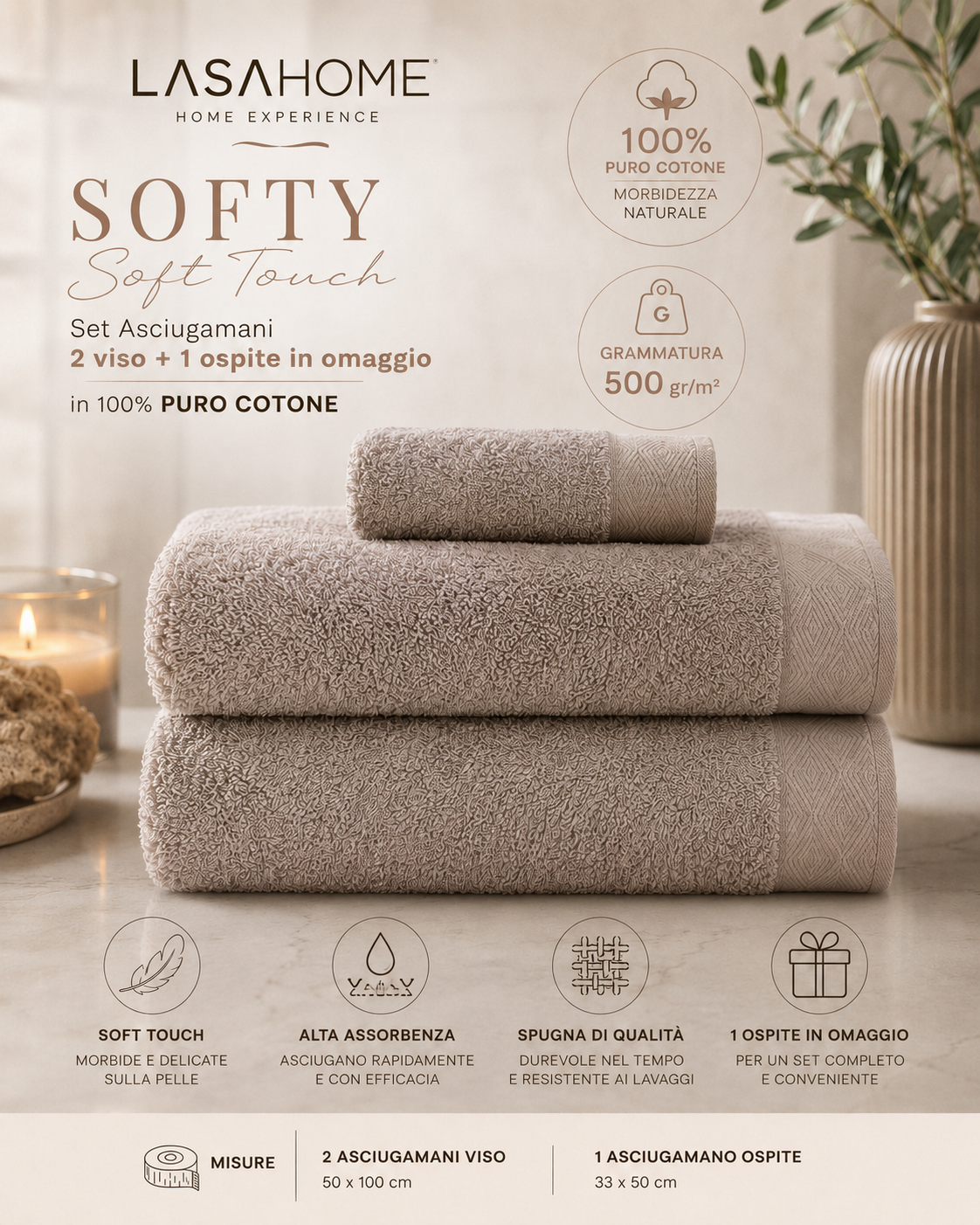 Set Asciugamani 2 viso + 1 ospite in omaggio - LASAHOME art. SOFTY Soft Touch in 100% PURO COTONE