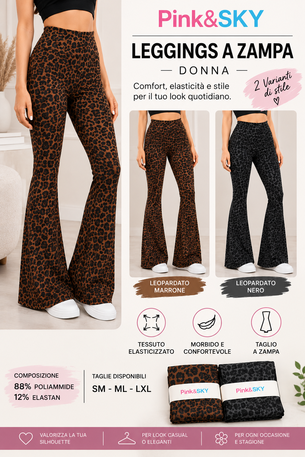 Leggings PINK&SKY Donna a Zampa Elastico