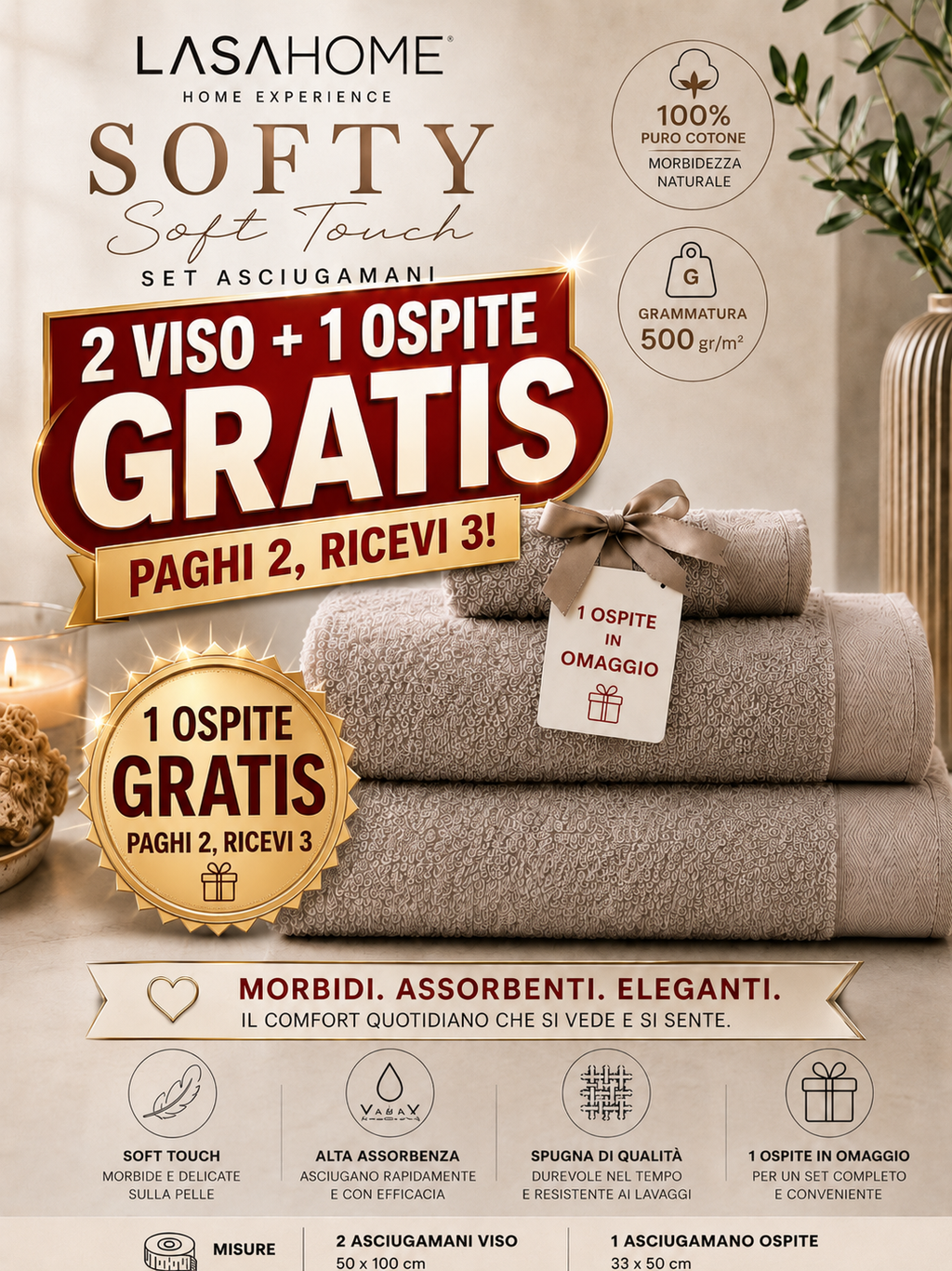 Set Asciugamani 2 viso + 1 ospite in omaggio - LASAHOME art. SOFTY Soft Touch in 100% PURO COTONE