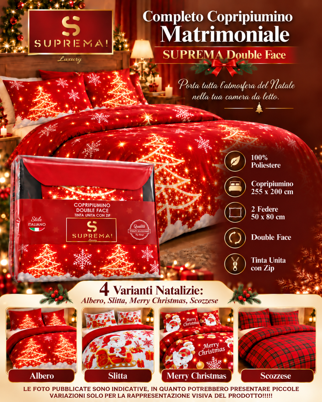 Copripiumino Double Face Tinta Unita con Zip Matrimoniale in 100% poliestere - Suprema Luxury
