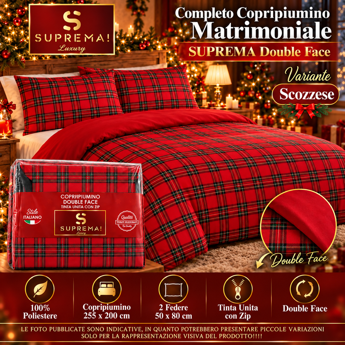 Copripiumino Double Face Tinta Unita con Zip Matrimoniale in 100% poliestere - Suprema Luxury