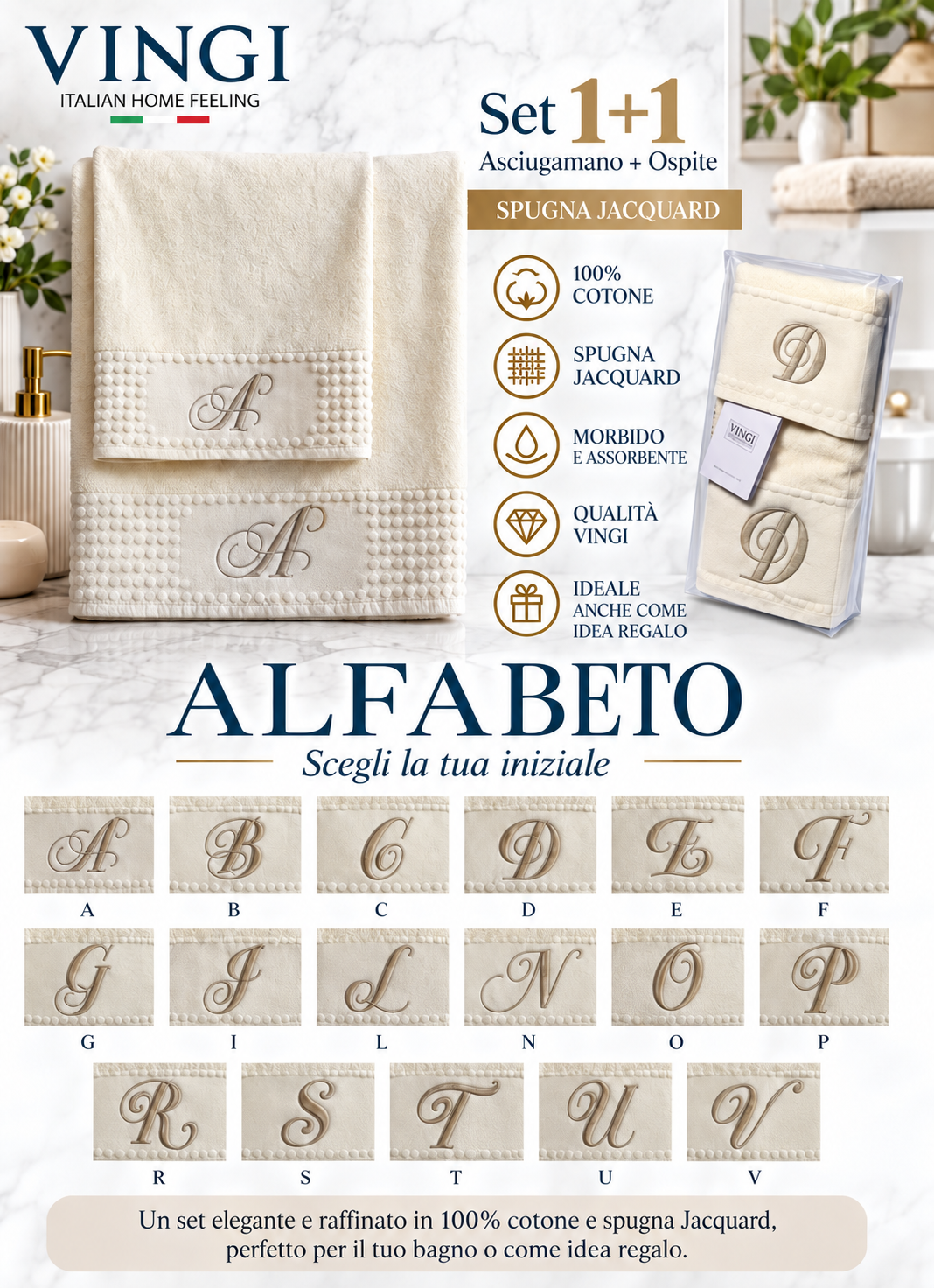 Set 1+1 Asciugamano-Ospite in Spugna art. Alfabeto - VINGI Italian Home Feeling