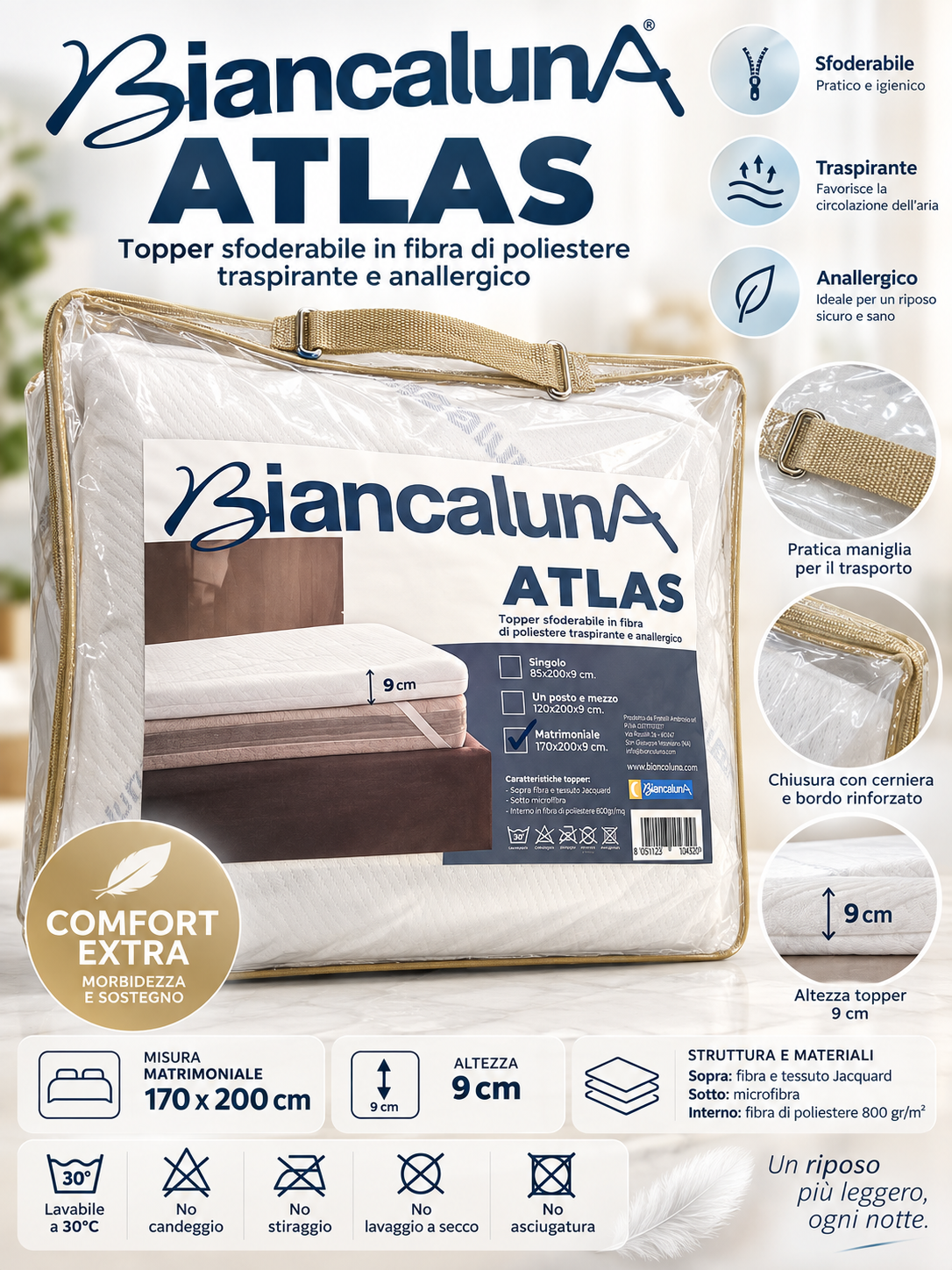 Topper Sfoderabile in Fibra di Poliestere Traspurante e Anallergico - Biancaluna "ATLAS"